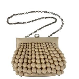 Sondra Roberts Satin Beaded Clutch Evening Frame Bag Purse Champagne/Cream